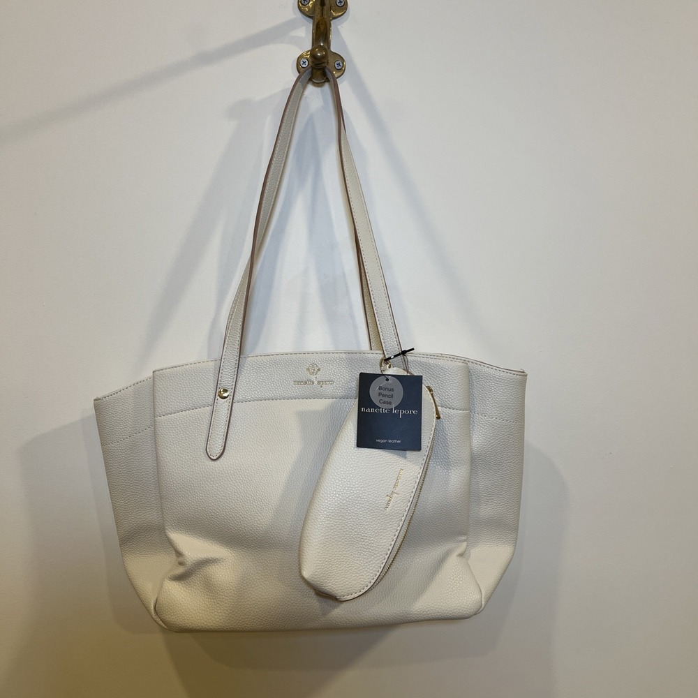 Nanette Lepore White Vegan Leather Pebble Tote Purse Smaller Bag Inside NWT Rice